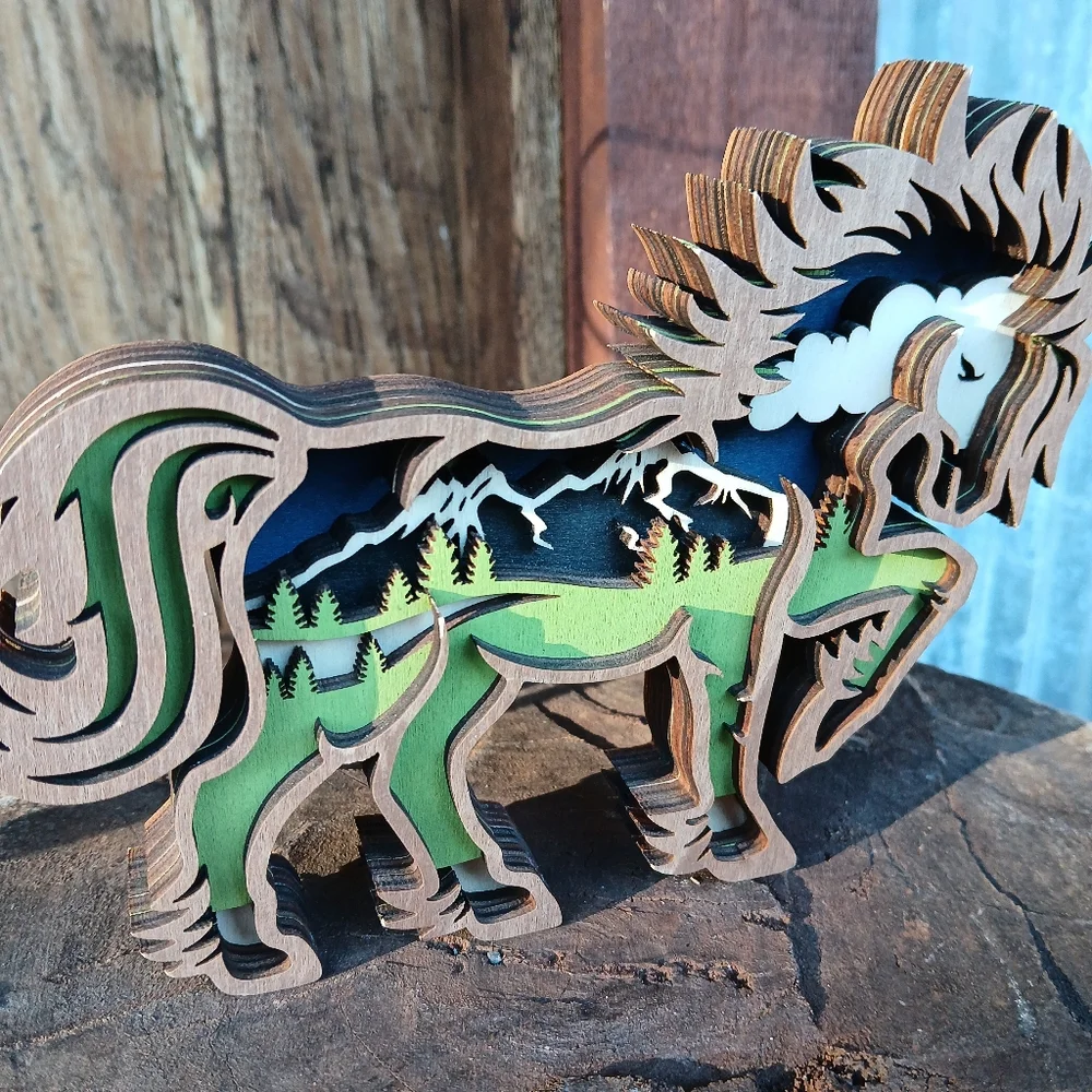 Wooden Horse Lazercut Mulit-layer Sculpture Decor Wall Hanging Scenic Montana
